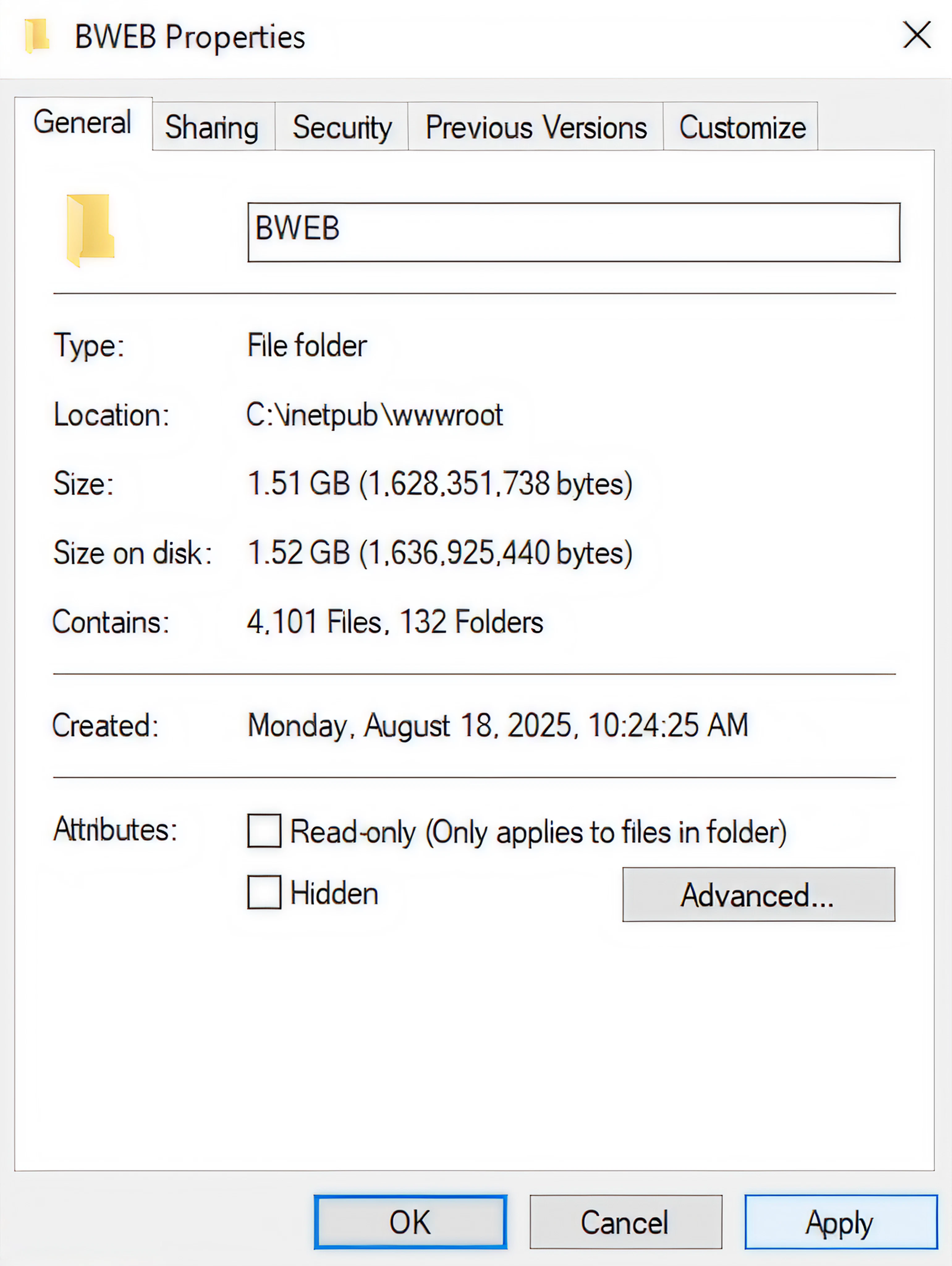 Properties of the BWEB folder, including size, location, and attributes settings.